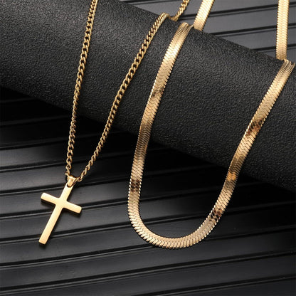 Herren Kreuzkette Edelstahl Silber/Gold/Schwarz Layered Schlangenkette 60cm