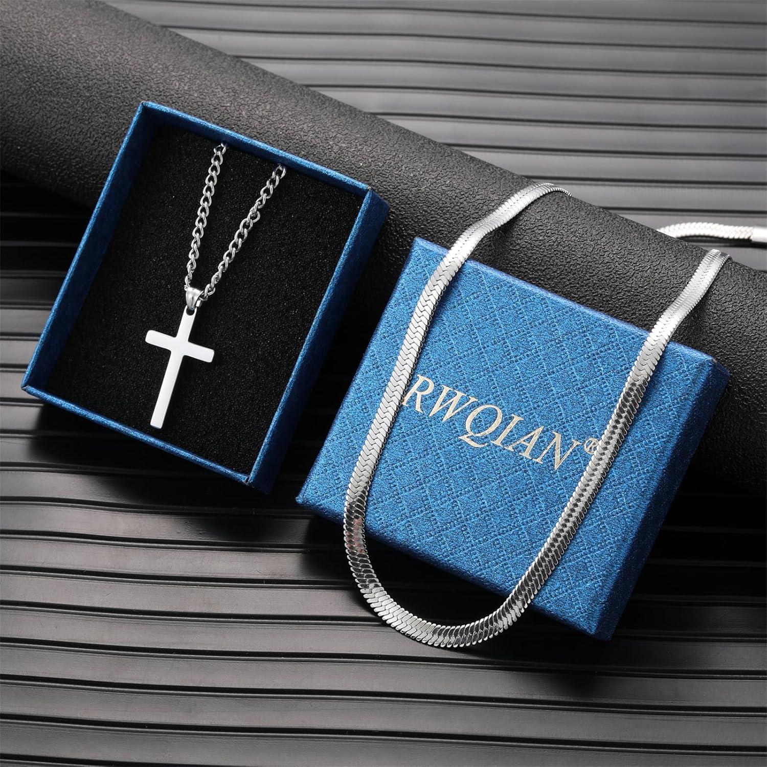 Herren Kreuzkette Edelstahl Silber Layered Schlangenkette Kubanische Anhänger