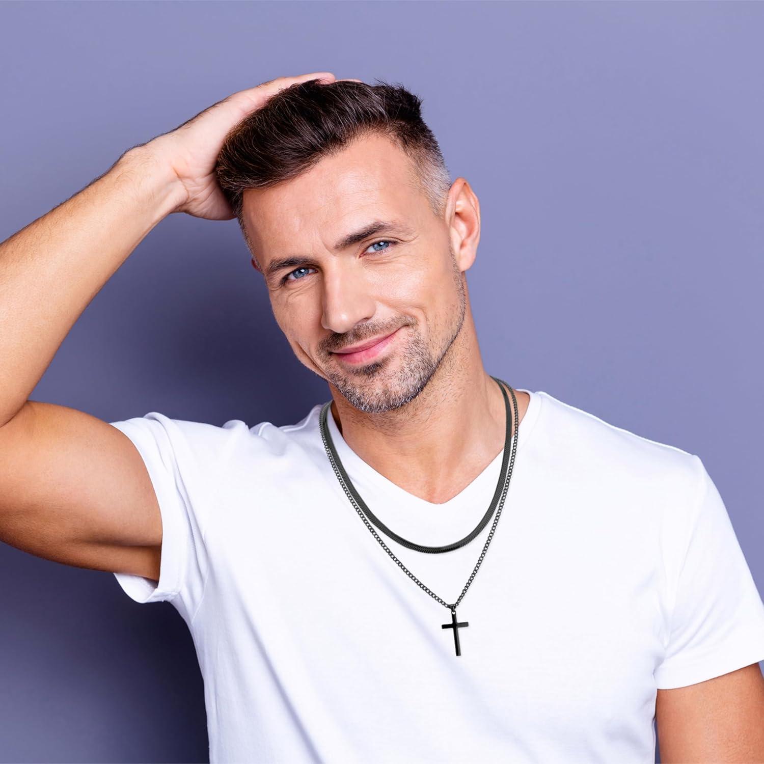 Herren Kreuzkette Edelstahl Layered Silber Gold Schwarz