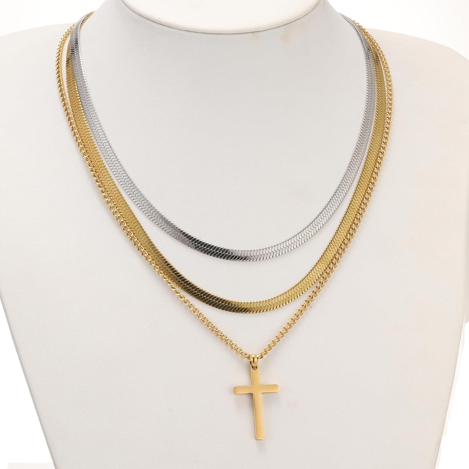 Kreuz Kette Herren Edelstahl Silber Gold Schwarz Layered