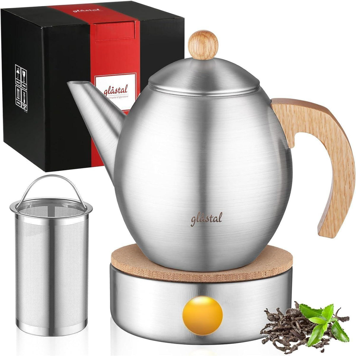 Edelstahl Teekanne 1200ml mit Stövchen & Sieb