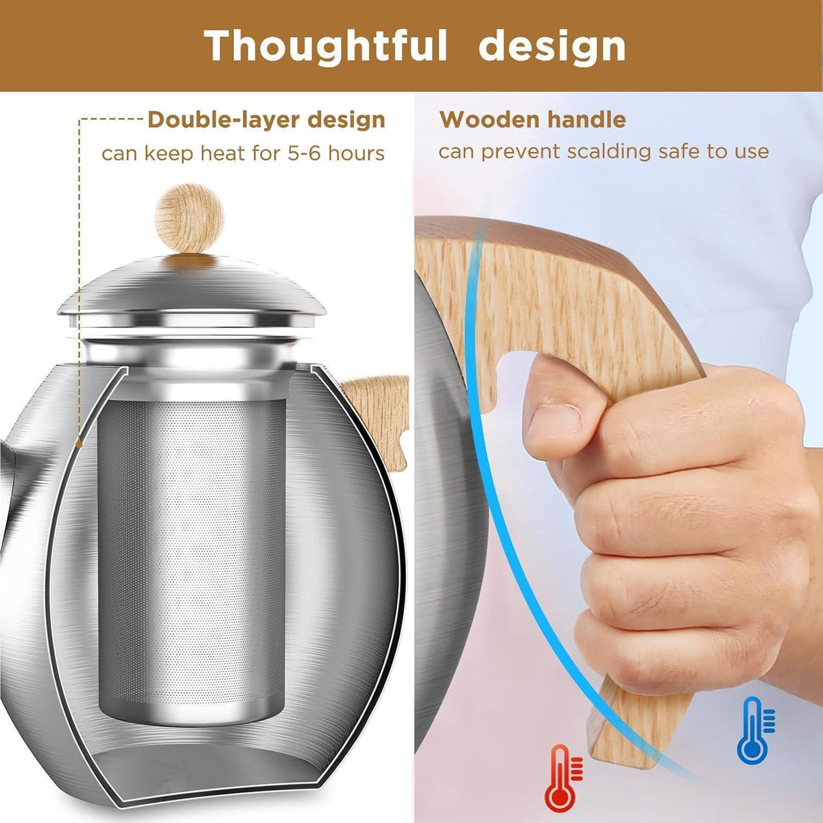 Edelstahl Teekanne 1200ml mit Stövchen & Sieb