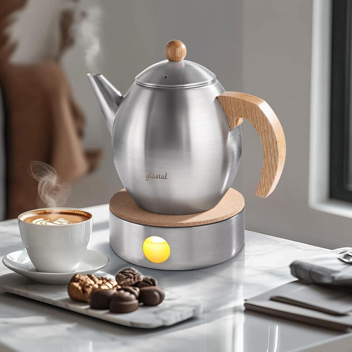 Edelstahl Teekanne 1200ml mit Stövchen & Sieb