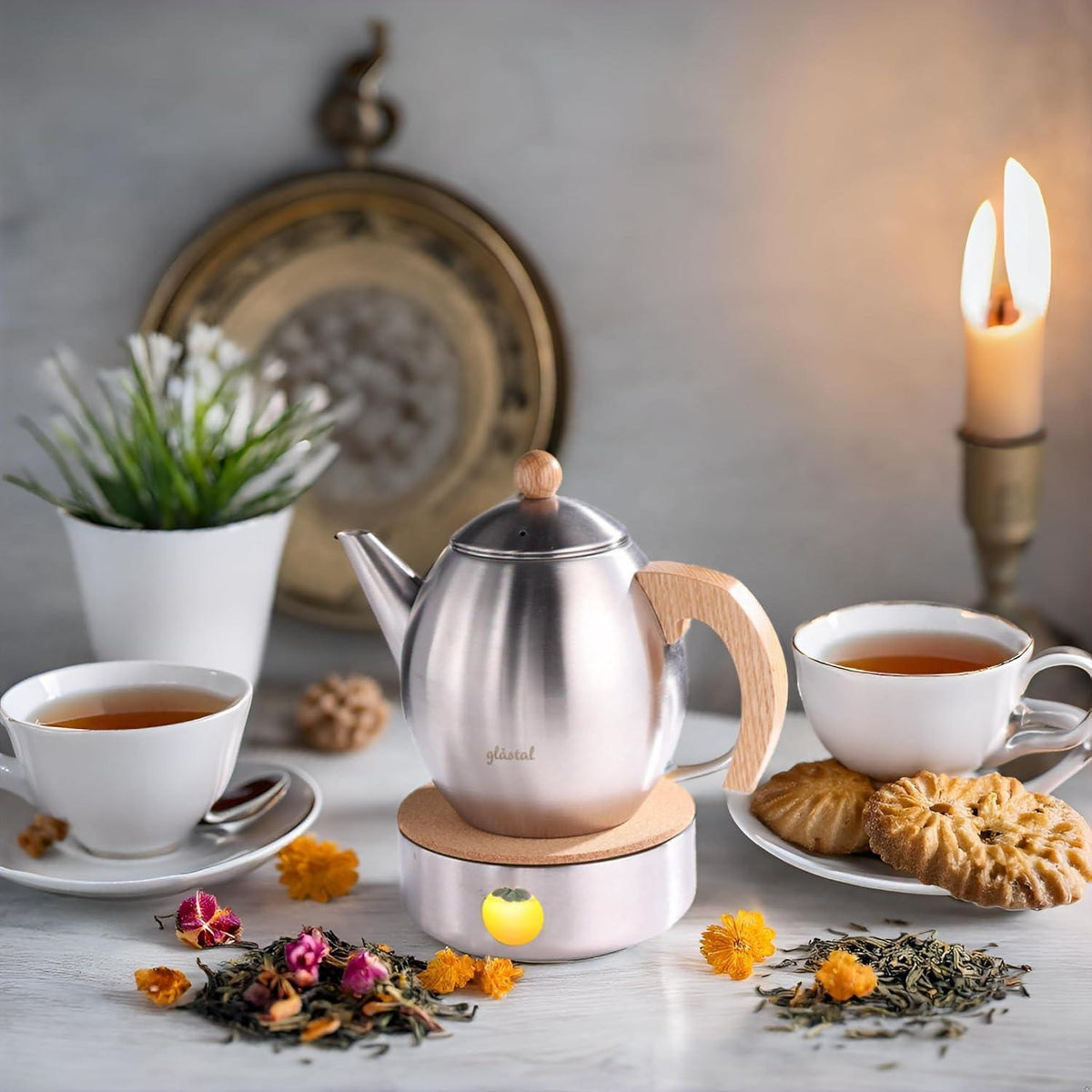 Edelstahl Teekanne 1200ml mit Stövchen & Sieb