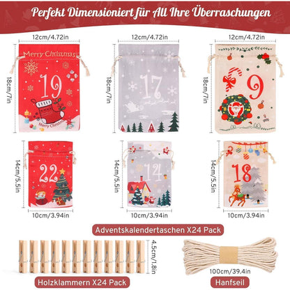 Adventskalender DIY zum Befüllen 24 Groß Stoffbeutel