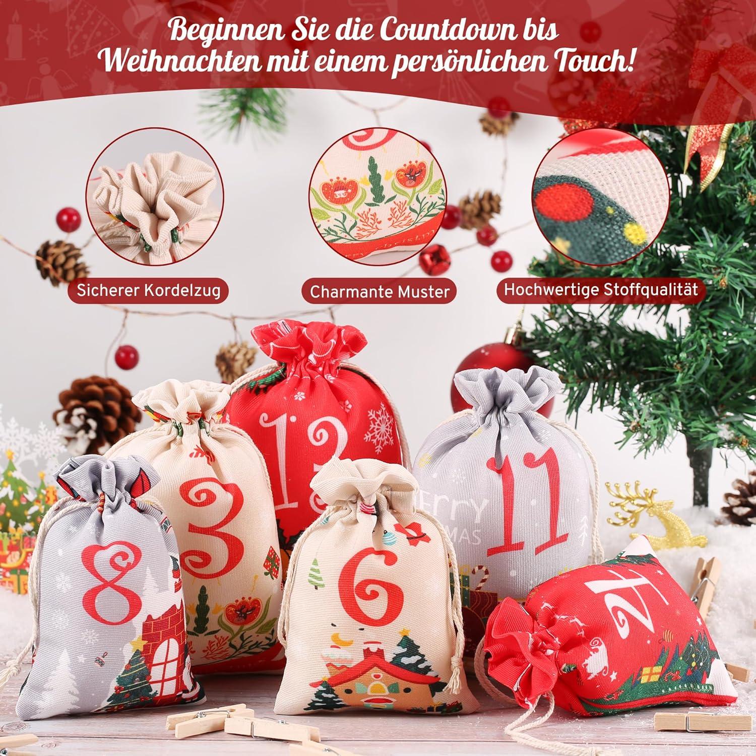 Adventskalender zum Befüllen DIY Set mit 24 Stoffbeutel Holzklammern
