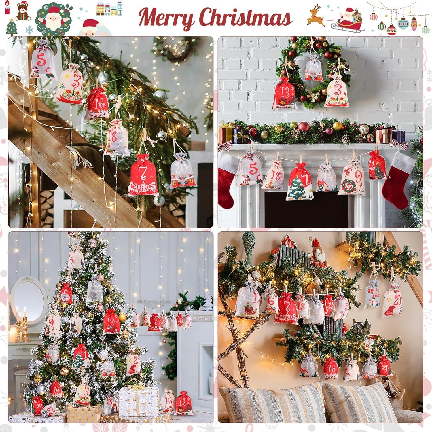 Adventskalender zum Befüllen 2024, DIY 24er Stoffbeutel Set, Festliche Weihnachtsdeko