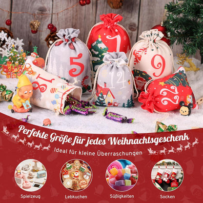 Adventskalender DIY 2024 Stoffbeutel Holzklammern Hanfseil Rot