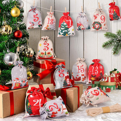 Adventskalender 2024 DIY Set 24 Stoffbeutel Holzklammern Hanfseil Rot