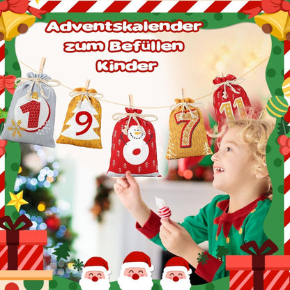 SINSOM Adventskalender zum Befüllen 24 Stoffbeutel Kinderrot