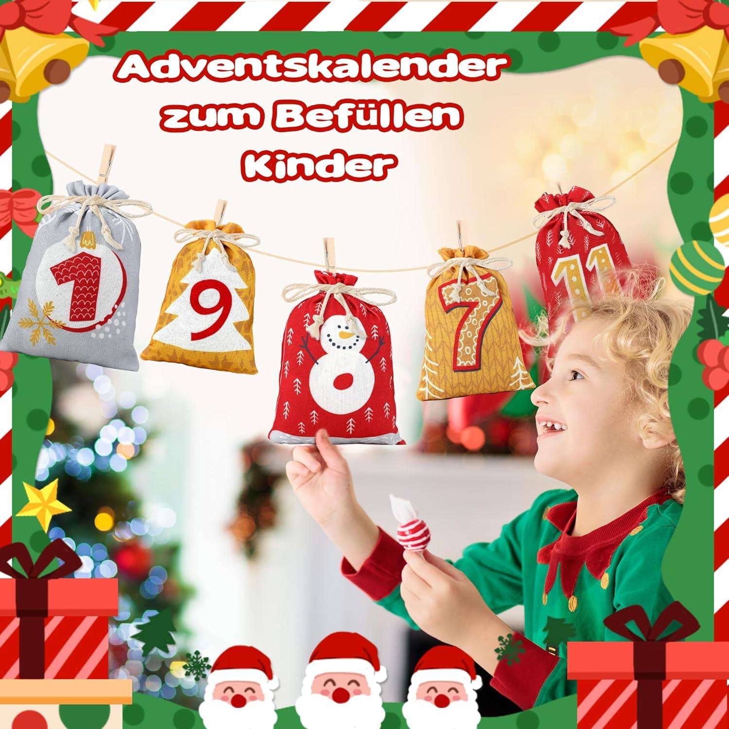 SINSOM Adventskalender zum Befüllen Stoff DIY Weihnachtskalender 24 Säckchen Kinder 2024