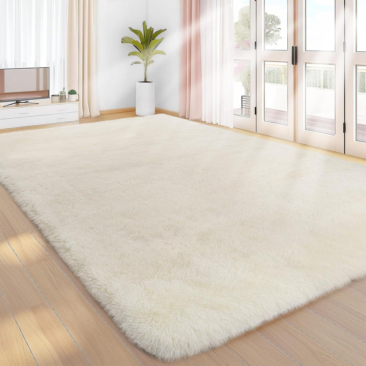 Hochflor Teppich Creme 275x370 – Flauschiger Wohnzimmerteppich Anti-Rutsch