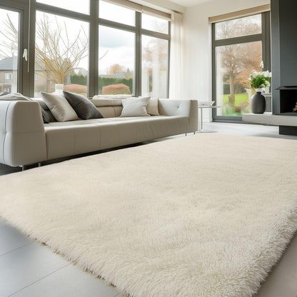 Hochflor Teppich Creme 275x370 – Flauschiger Wohnzimmerteppich Anti-Rutsch
