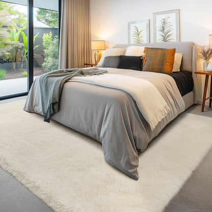 Hochflor Teppich Creme 275x370 – Flauschiger Wohnzimmerteppich Anti-Rutsch