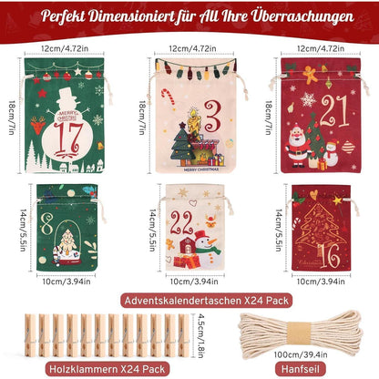 Adventskalender zum Befüllen 2024, 24 Stoffbeutel