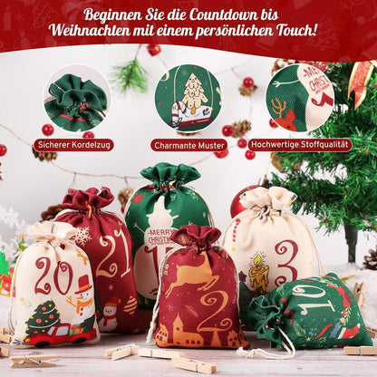 Adventskalender zum Befüllen 2024, 24 Stoffbeutel
