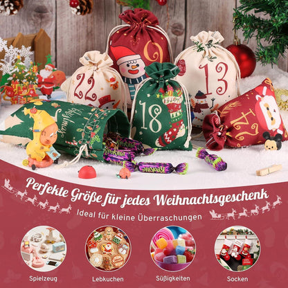 Adventskalender zum Befüllen 2024, 24 Stoffbeutel