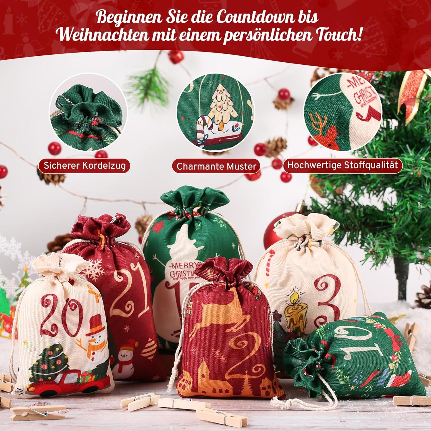 Adventskalender zum Befüllen 2024 Stoffbeutel DIY Set Holzklammern