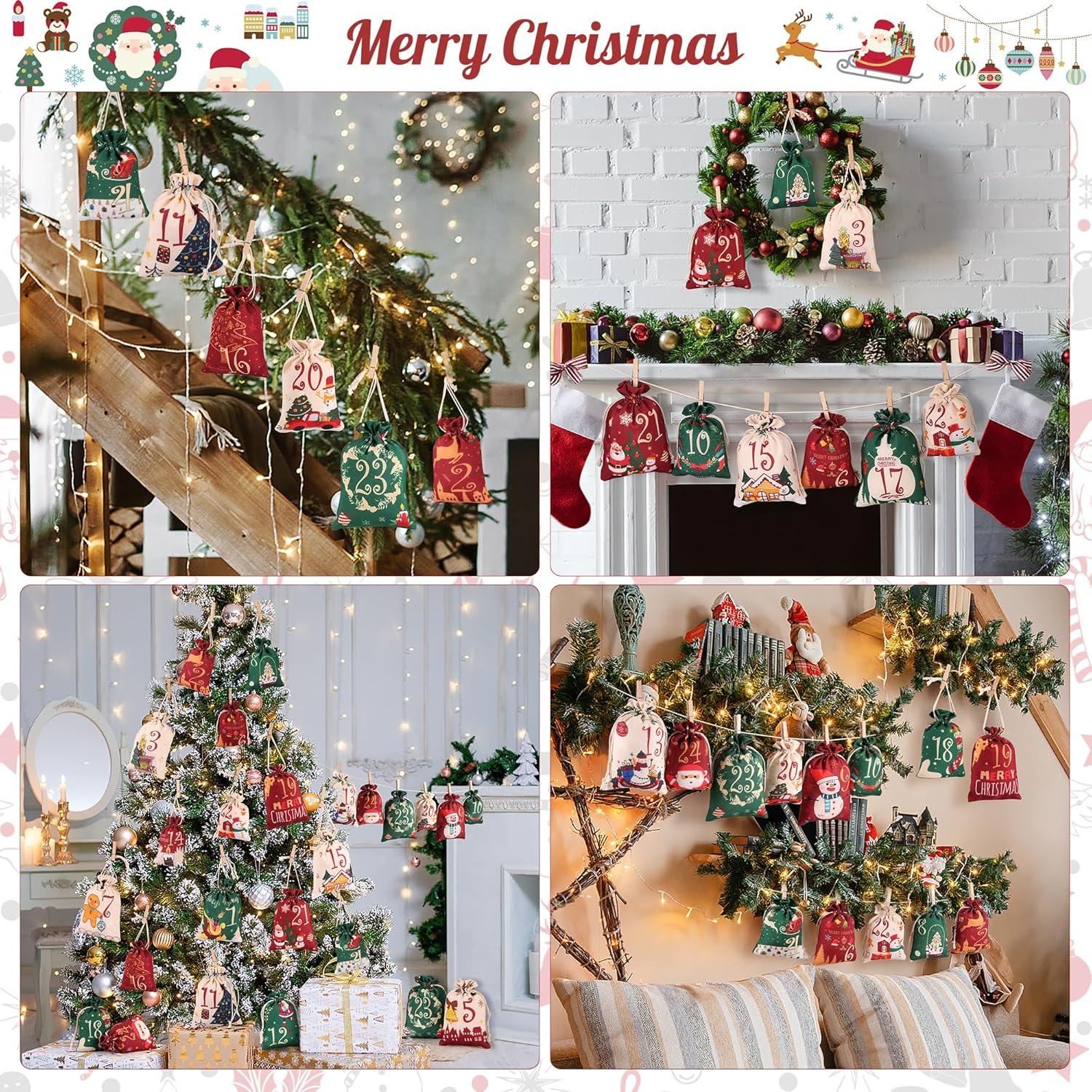 Adventskalender zum Befüllen 2024 DIY Stoffbeutel Holzklammern Hanfseil Rot Grün Beige