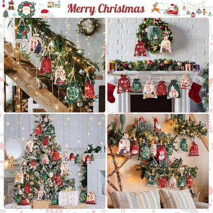Adventskalender zum Befüllen 2024 DIY Stoffbeutel Holzklammern Hanfseil Rot Grün Beige