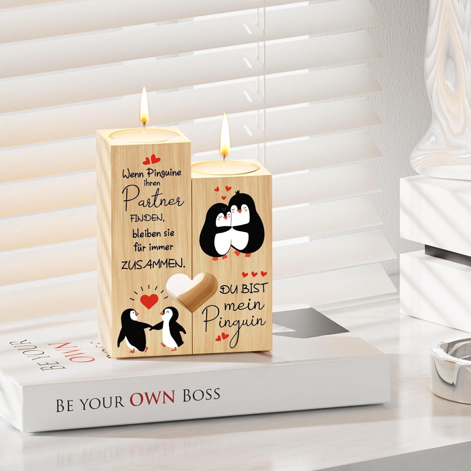 Blumuze Holz Kerzenständer Pinguin Herz Jahrestag Valentinstag Geschenk