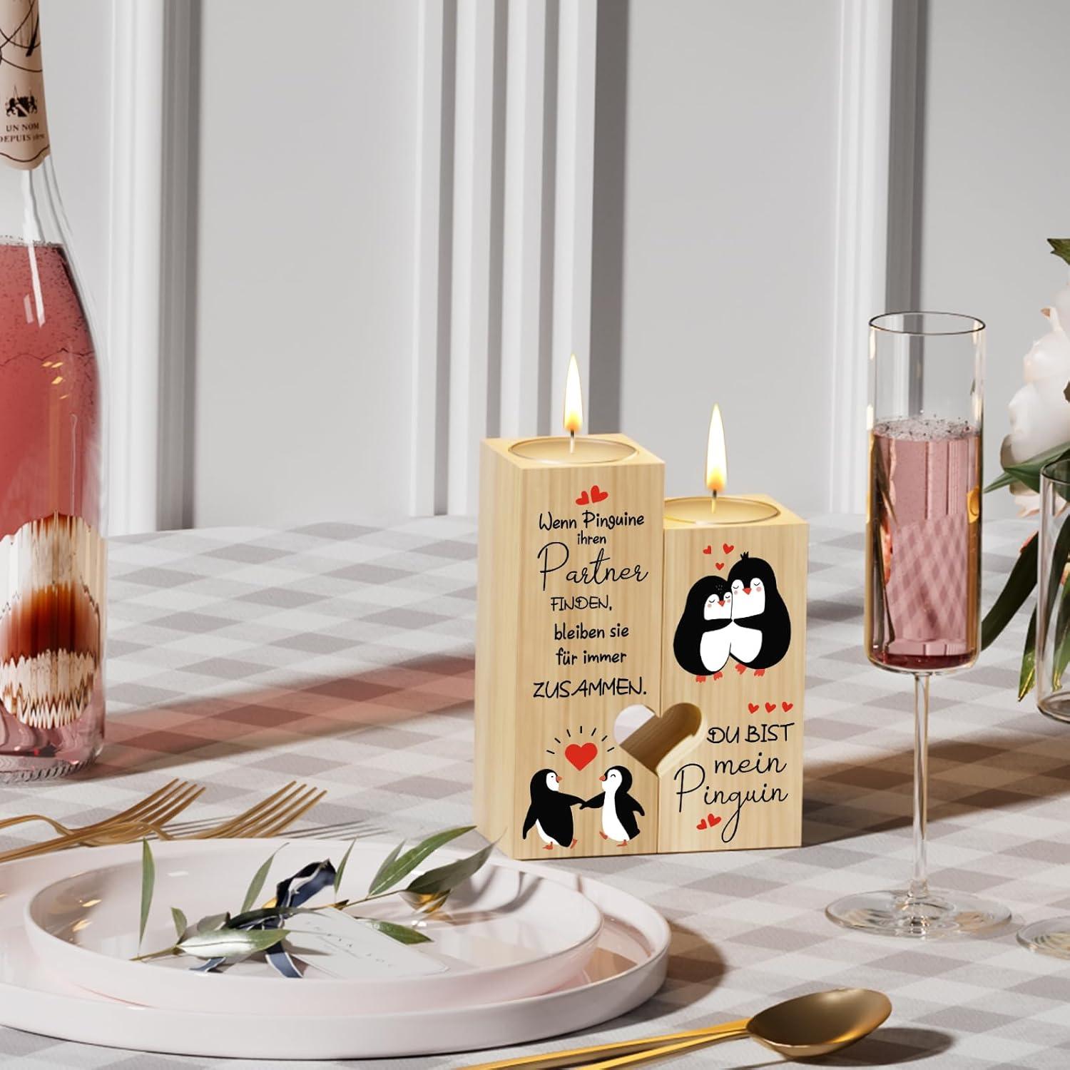 Valentinstag Jahrestag Geschenk Kerzenständer Pinguin Holz Liebe