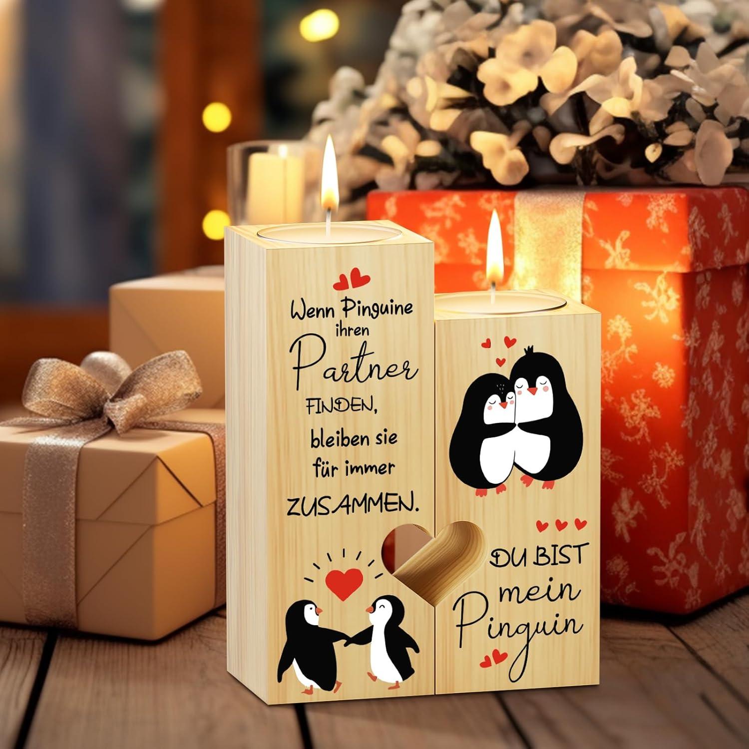 Blumuze Holz Kerzenständer Pinguin Herz Jahrestag Valentinstag Geschenk