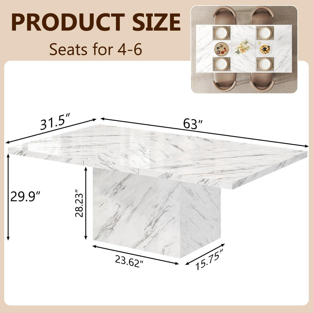 Moderner Esstisch Holz 160cm – Weiß, Marmoroptik für 4-6 Personen