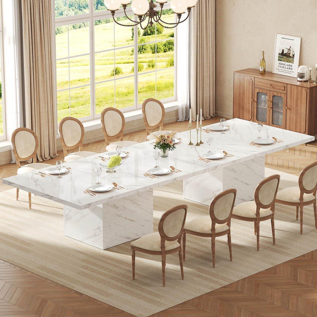 Moderner Esstisch Holz 160cm – Weiß, Marmoroptik für 4-6 Personen