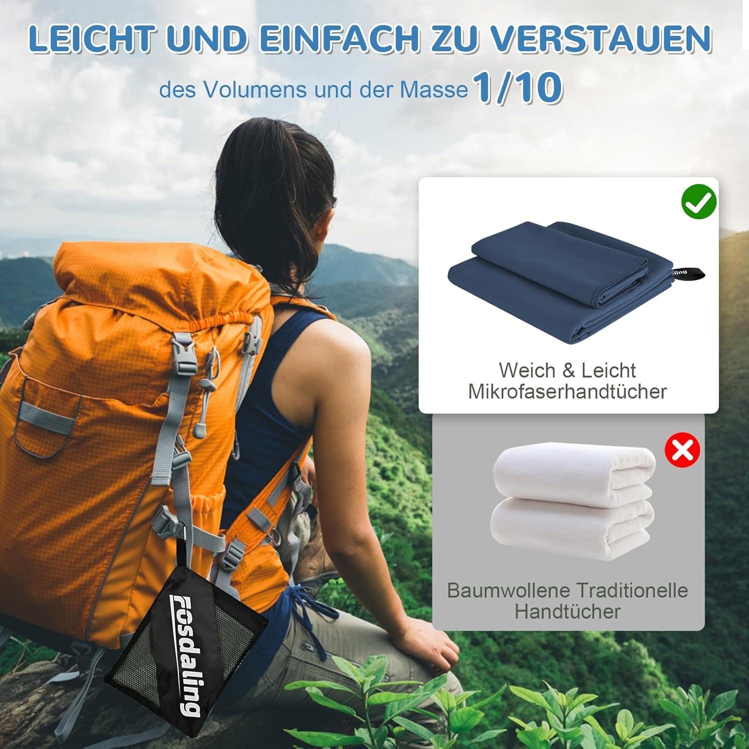 3er Set Mikrofaser Handtuch Schnelltrocknend Fitness Sport Strand Blau