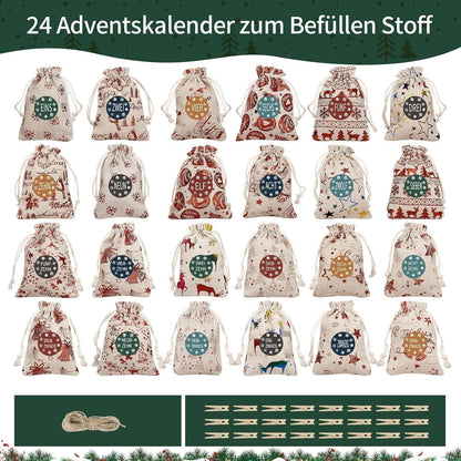 Adventskalender Beutel Weihnachtselemente 24 Stoff Säckchen