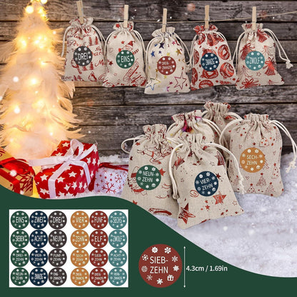 Adventskalender Beutel Weihnachtselemente 24 Stoff Säckchen