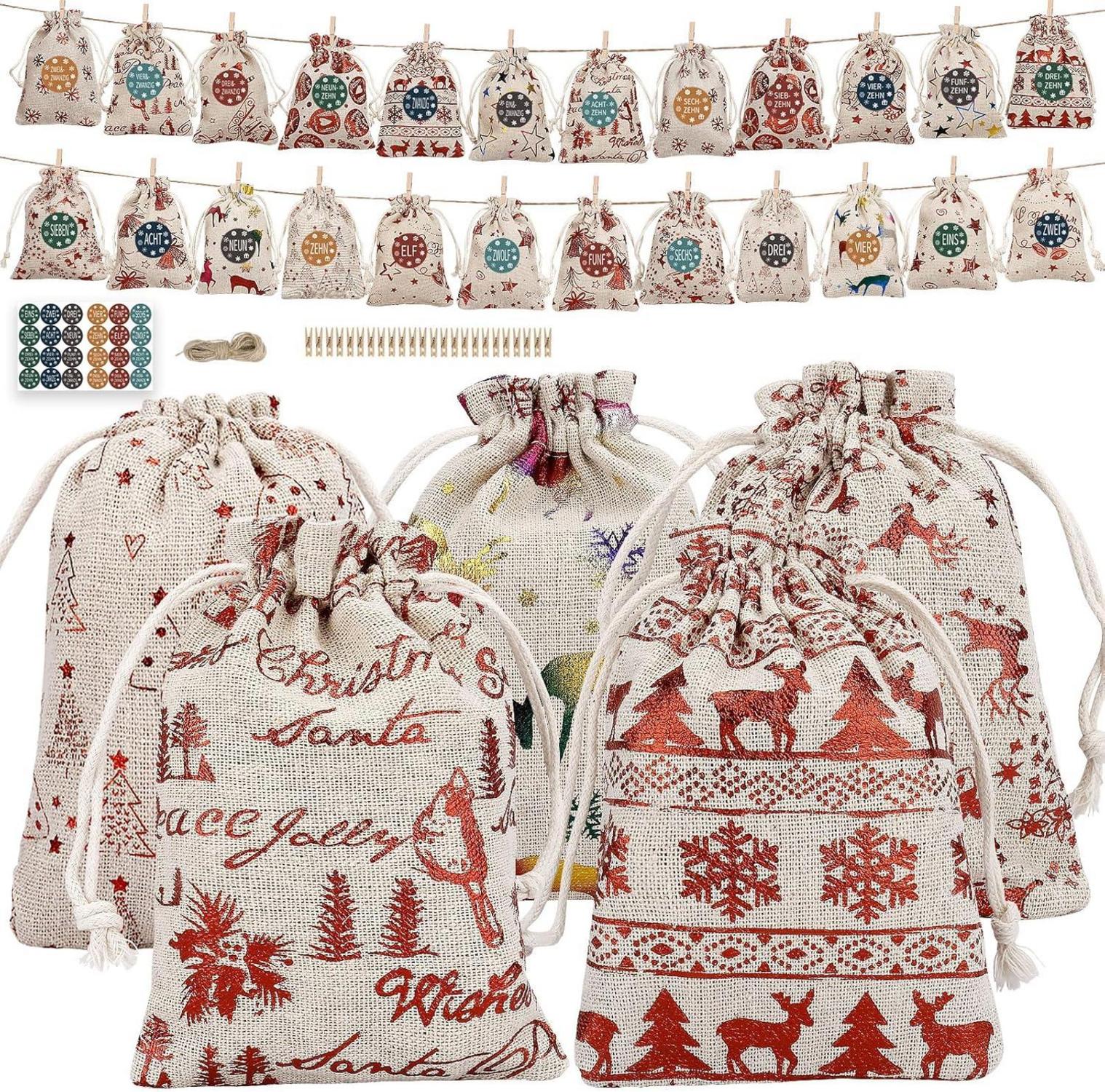Adventskalender Stoffbeutel Weihnachtliche Motive 24-er Set