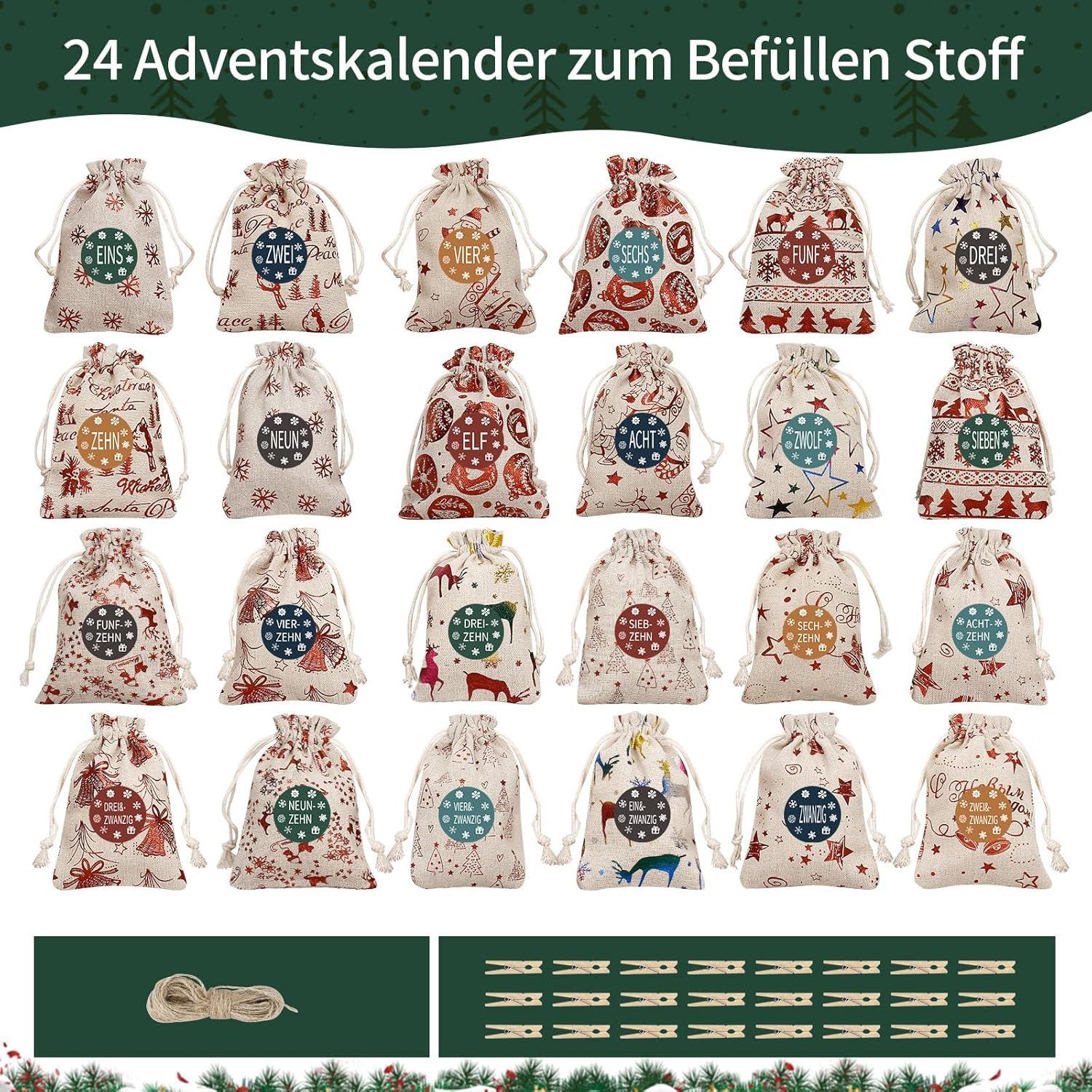 Adventskalender Stoffbeutel Weihnachtliche Motive 24-er Set