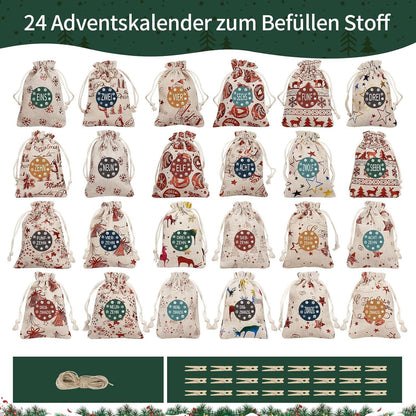 Adventskalender Stoffbeutel Weihnachtliche Motive 24-er Set