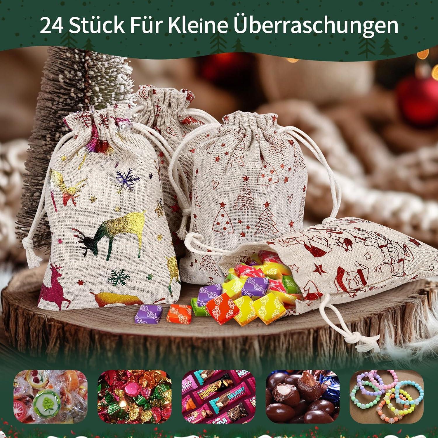 24 Weihnachtskalender Säckchen Stoff, Adventskalender zum Befüllen