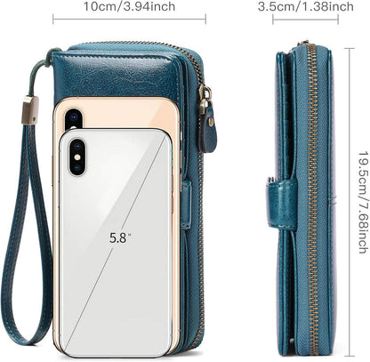 Großes Damen RFID-Portemonnaie mit Geschenkbox, 15 Kartenfächer, Münzfach - Pfauenblau