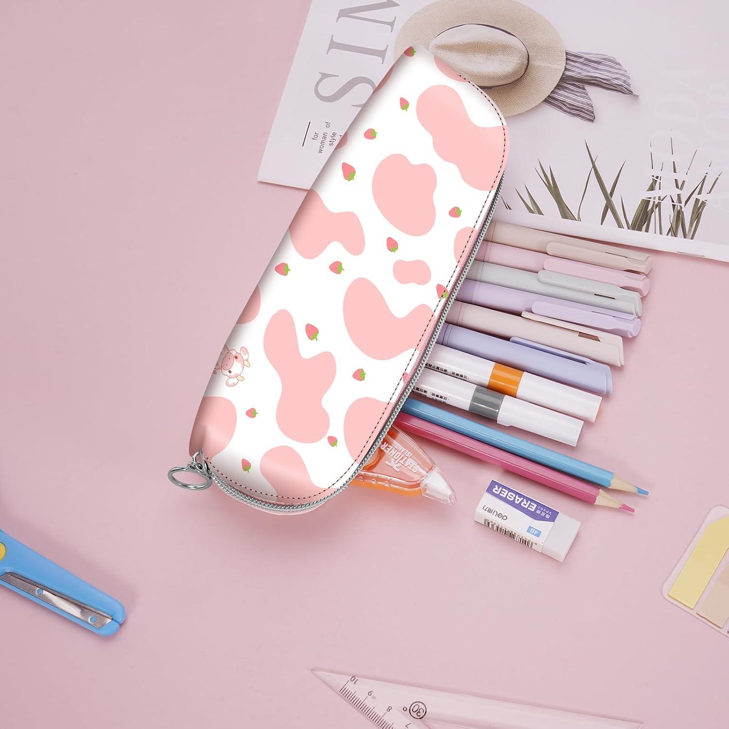 FINPAC PU-Federmäppchen großes Etui aus Kunstleder, Stiftemappe Strawberry Cow