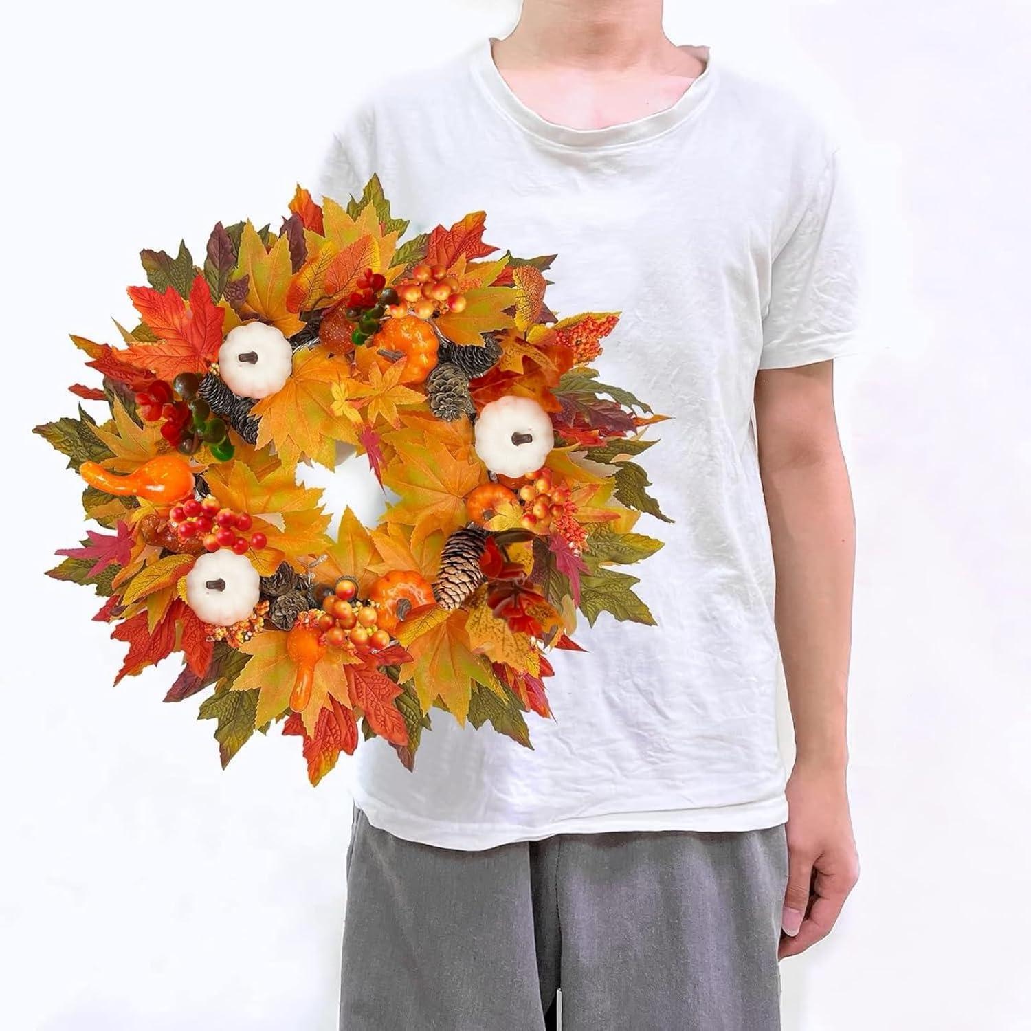 45cm Künstlicher Herbstkranz mit Ahornblättern und Kürbis