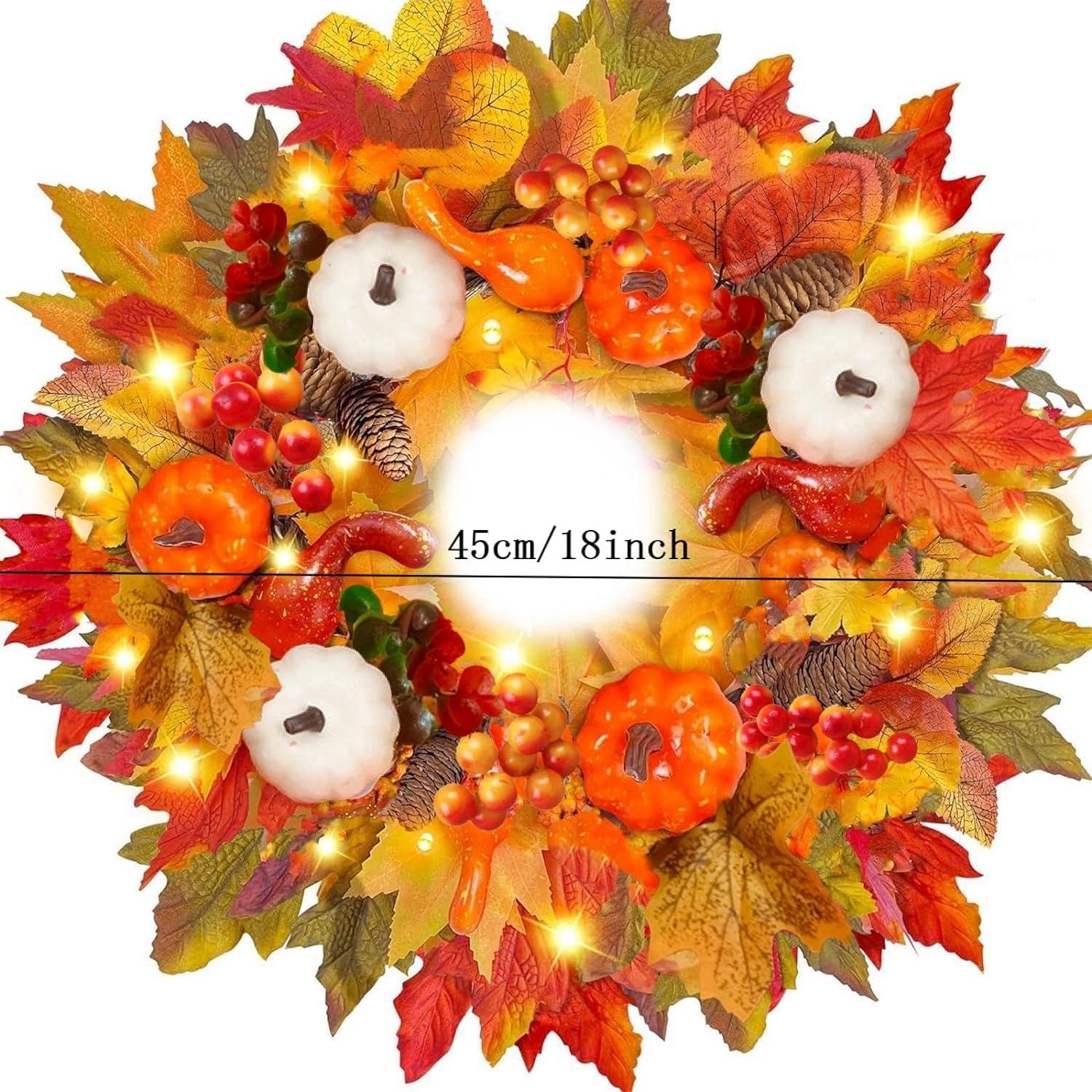 45cm Künstlicher Herbstkranz mit Ahornblatt, Kürbis, Beeren - Halloween Thanksgiving Weihnachten - Orange