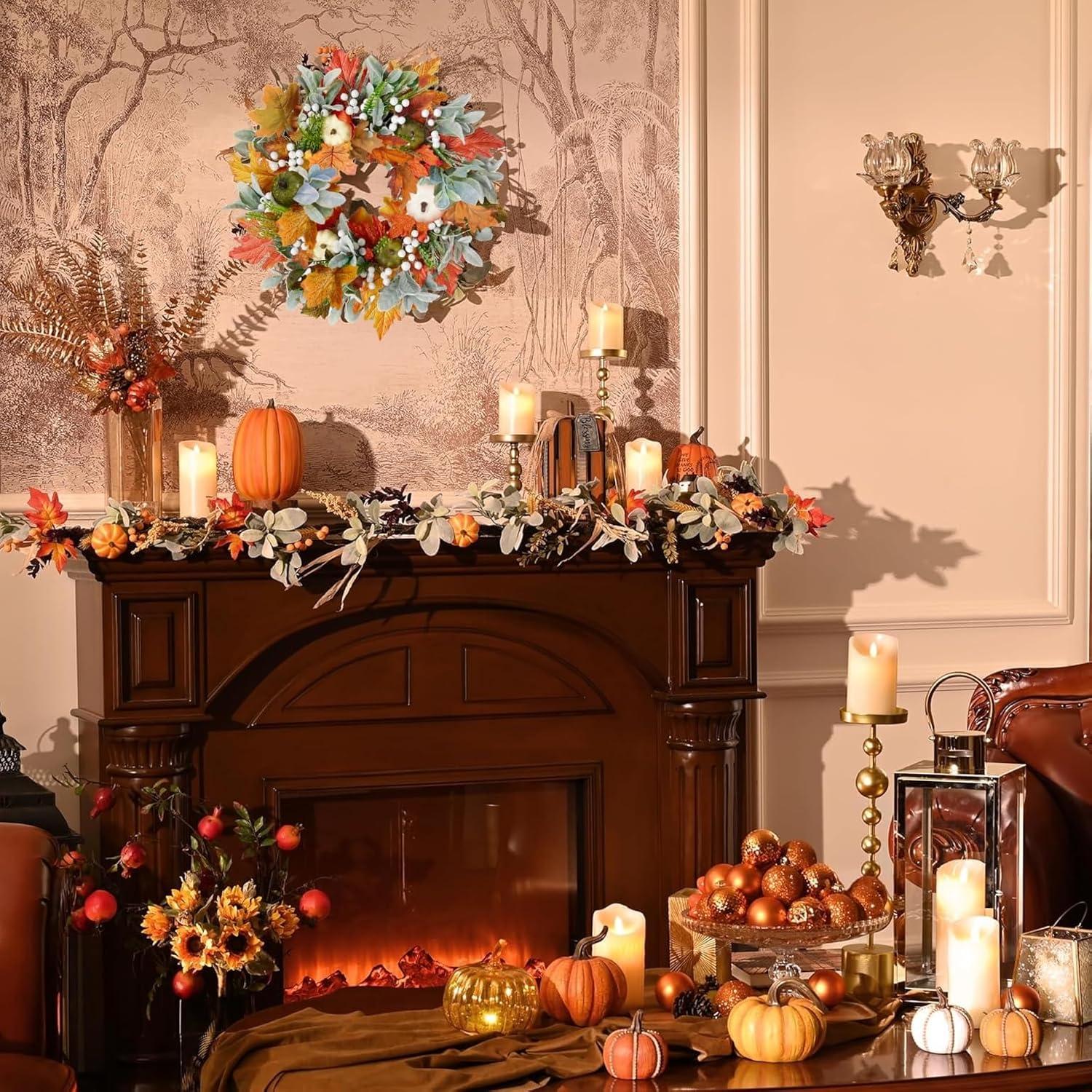 Künstlicher Herbstkranz 45cm Ahornblatt Kürbis Beeren Orange