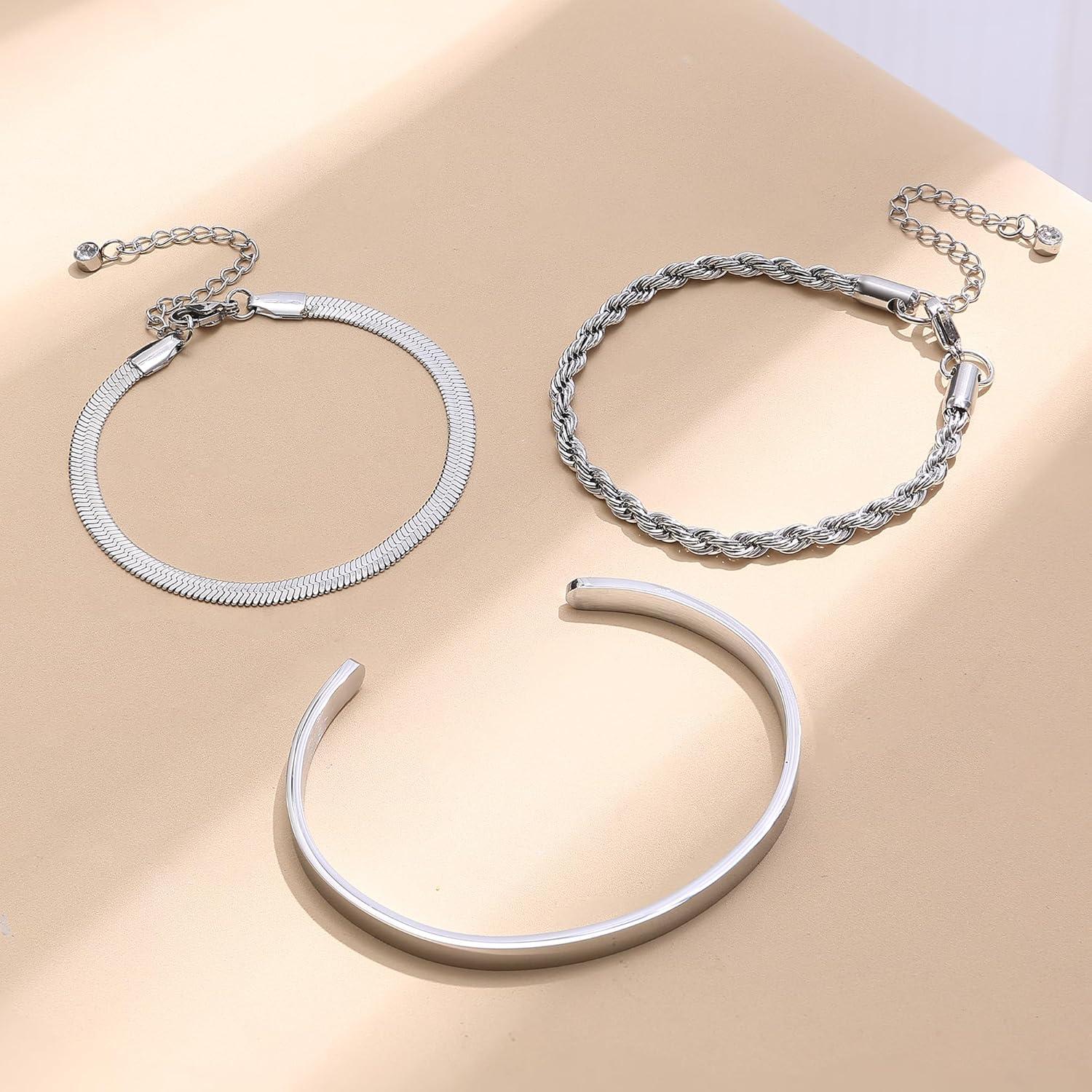 Finrezio Damen Armband Set Gold 14 Karat Edelstahl 3-5 Stück Verstellbar Silber