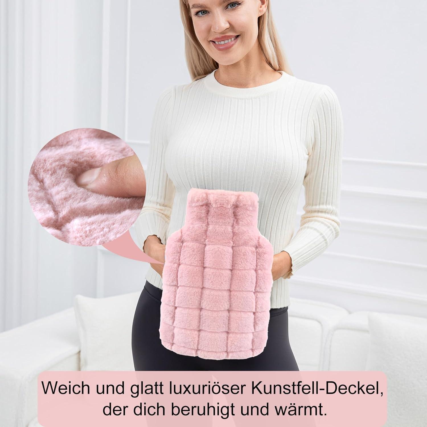 Wärmflasche 2L Naturkautschuk mit Fellbezug, Handwärmer, Pink