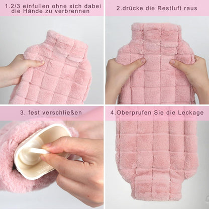 Wärmflasche 2L Naturkautschuk Fellbezug Handwärmer Pink EU-Design-Patent