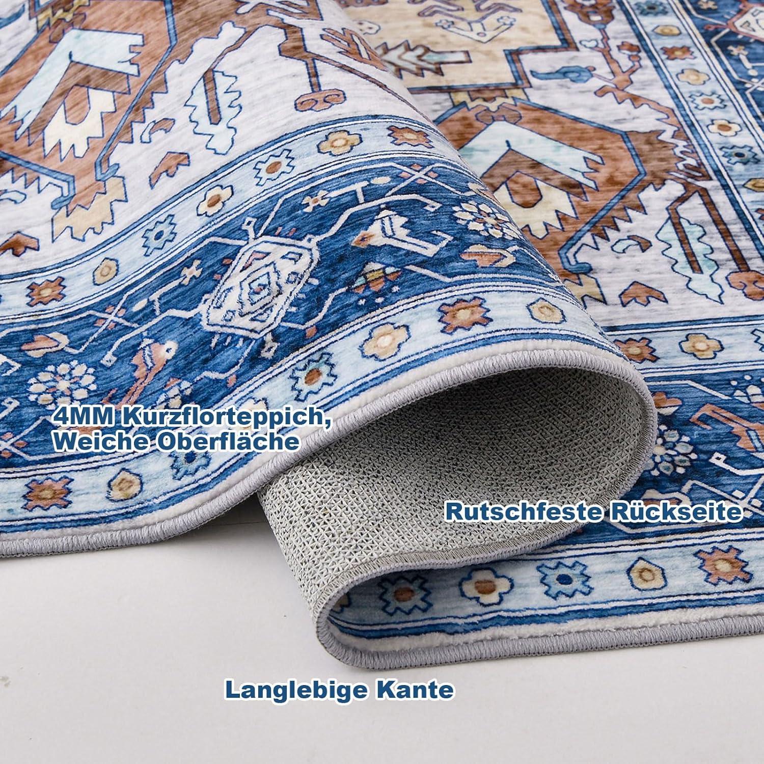Großer Vintage Oriental Teppich 160x230cm Blau Soft Low Pile Gemütlicher Teppich