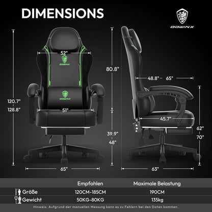 Ergonomischer Gaming Stuhl mit Lendenwirbelstütze und Fußstütze, Grün
