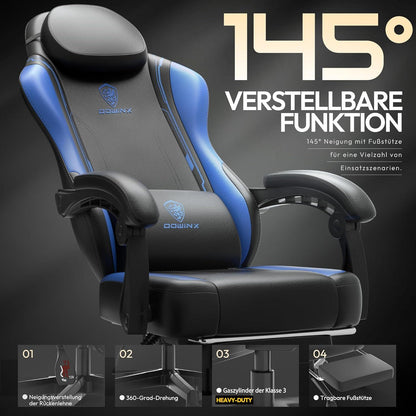 Dowinx Gaming Stuhl mit Lendenwirbelstütze, Ergonomisch, 150KG, Blau