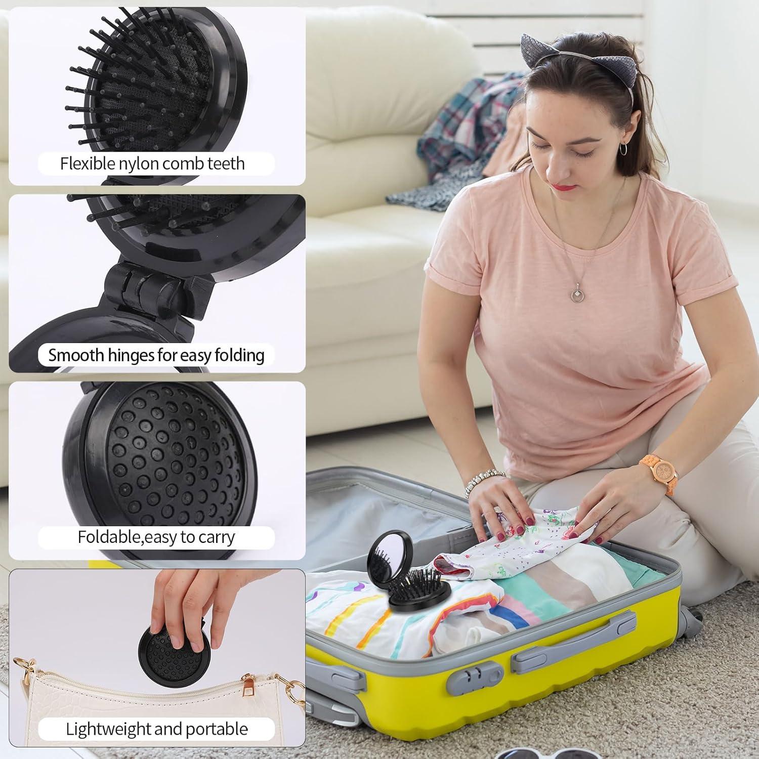 Faltbare Mini Haarbürsten mit Spiegel 2er Set Damen Tragbare Reisebürste