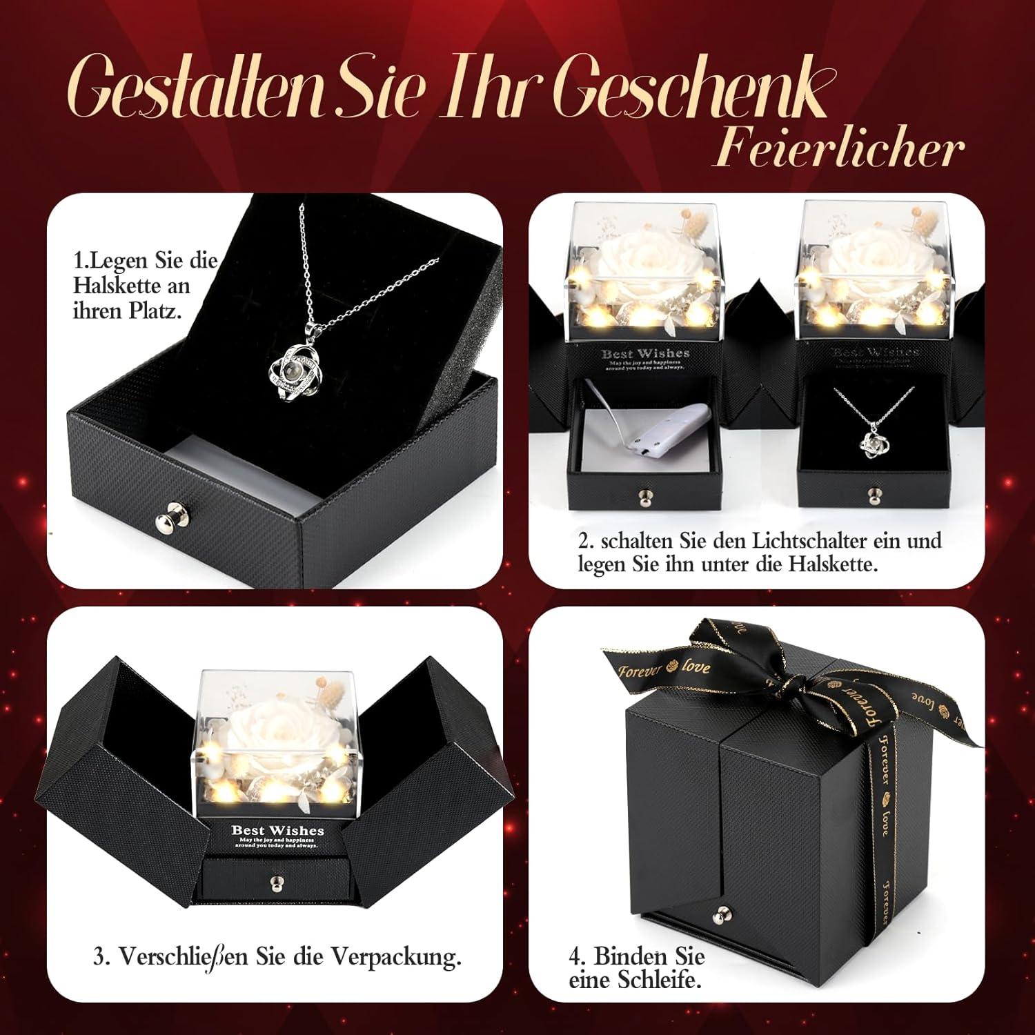 Ewige Rose Halskette Damen 100 Sprachen Infinity Rose Geschenkbox