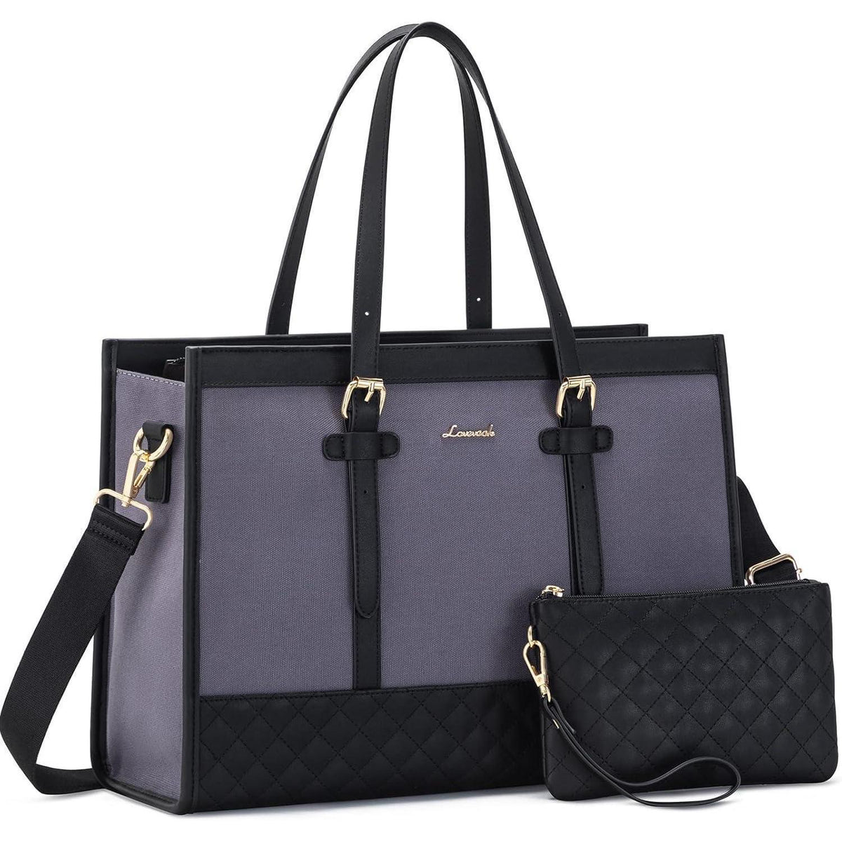 Laptoptasche Damen Leder Canvas 15,6 Zoll Arbeitstasche Grau Schwarz